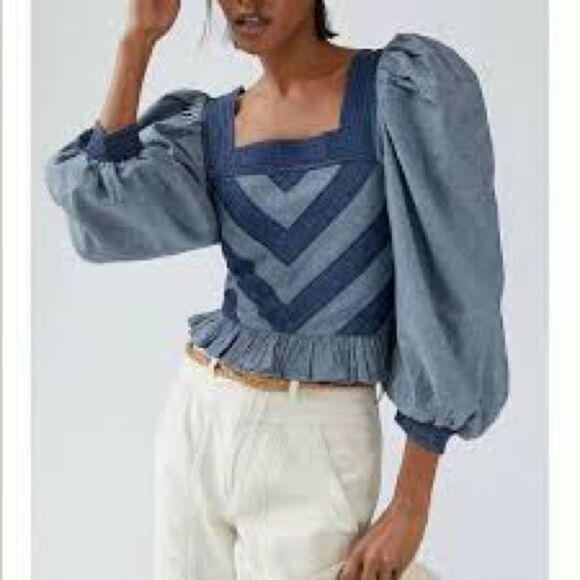 Anthropologie Love the Label Off-the-Shoulder Denim Striped Top with Bubble Slee - Picture 1 of 5